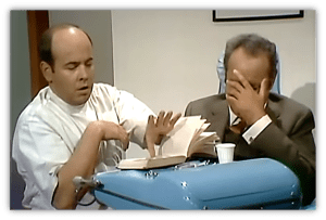 "Comedic scene of a dentist and anxious patient in a retro office setting."