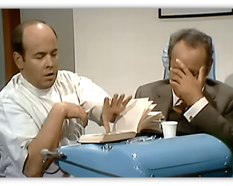 "Comedic scene of a dentist and anxious patient in a retro office setting."