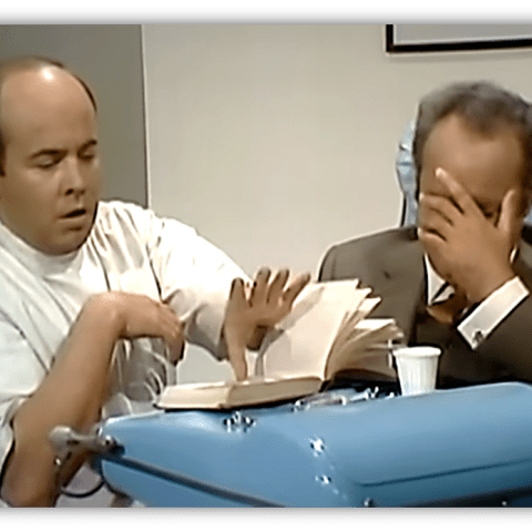 "Comedic scene of a dentist and anxious patient in a retro office setting."