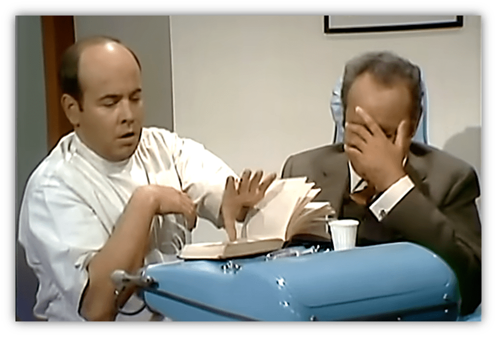 "Comedic scene of a dentist and anxious patient in a retro office setting."