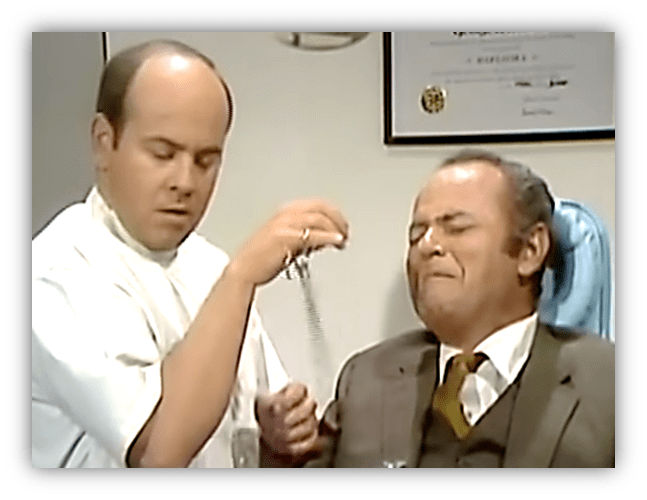 "Comedic scene of a dentist with tools and a nervous patient in an office setting."