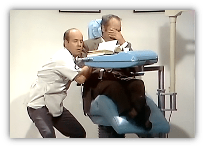 "Comedic dental scene with a nervous patient and a dentist in an office."
