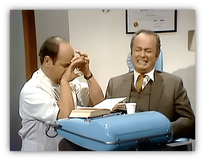 "Comedic dental scene with a nervous patient and a distressed dentist."