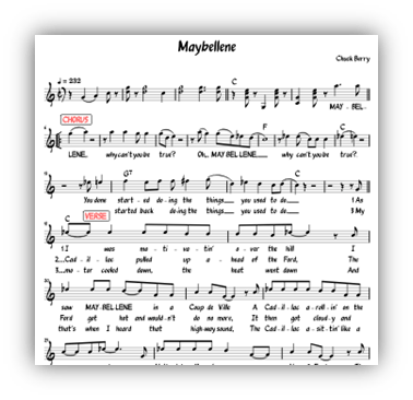 Sheet music for "Maybellene" by Chuck Berry, featuring lyrics and melody.