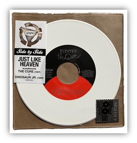 "Vinyl record of 'Just Like Heaven' by The Cure and Dinosaur Jr., featuring Record Store Day branding."