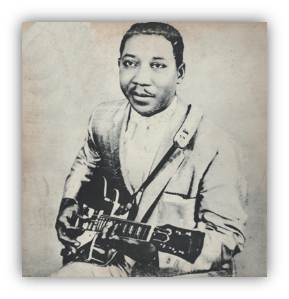 "Vintage black and white photo of a musician playing guitar."
