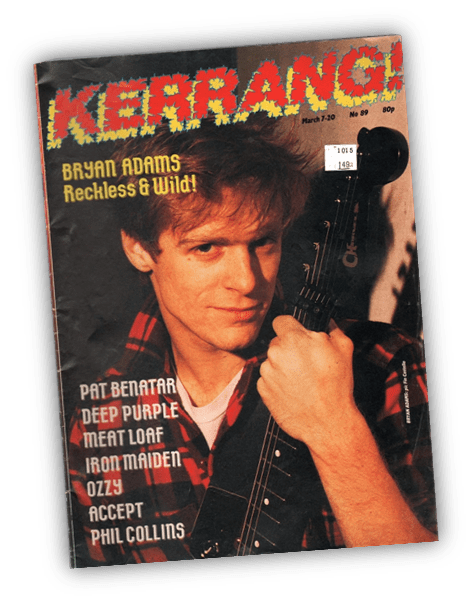 "Kerrang! magazine cover featuring Bryan Adams, March 1989, with music headlines and guitar."