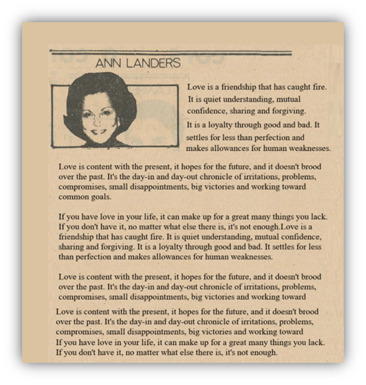 "Ann Landers quote on the nature of love, highlighting understanding, mutual confidence, and the importance of relationships."