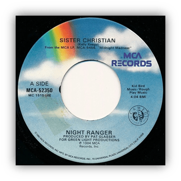 "Night Ranger 'Sister Christian' vinyl record label by MCA Records."