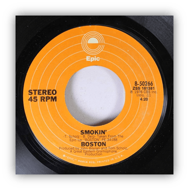 Alt text: "Boston 'Smokin'' 45 RPM vinyl record label, Epic, 1976."
