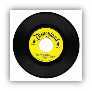 Black vinyl record featuring Disneyland label, titled "It's a Small World" Part 1.