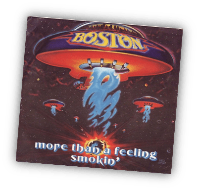 Album cover for Boston's "More Than a Feeling" featuring UFOs and a vibrant cosmic design.