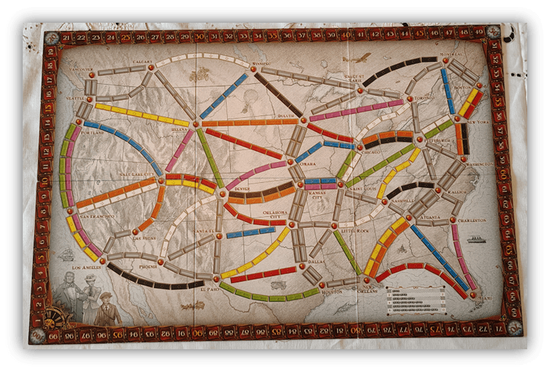 "Vintage board game map featuring North American train routes and colorful track pieces."