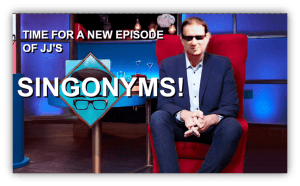Alt text: "Promotional image for JJ's Singonyms featuring a host in sunglasses seated in a red chair."