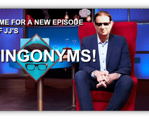 Alt text: "Promotional image for JJ's Singonyms featuring a host in sunglasses seated in a red chair."