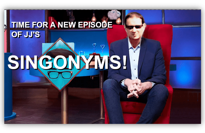 Alt text: "Promotional image for JJ's Singonyms featuring a host in sunglasses seated in a red chair."