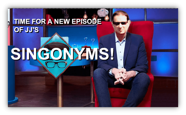 Alt text: "Promotional image for JJ's Singonyms featuring a host in sunglasses seated in a red chair."