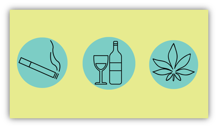 Icons representing smoking, drinking alcohol, and cannabis use.
