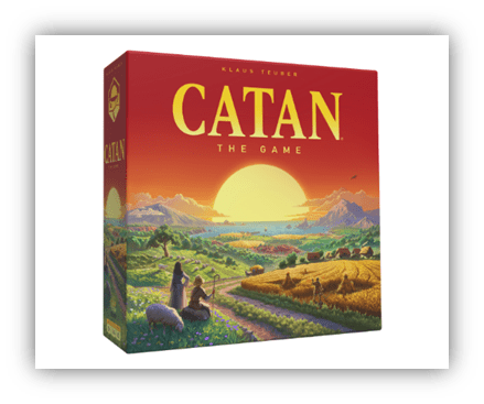 "Box cover of Catan board game featuring vibrant landscape and sunset."