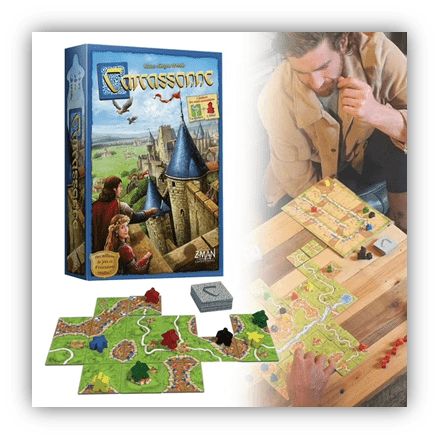 "Person playing Carcassonne board game with game pieces and box displayed."