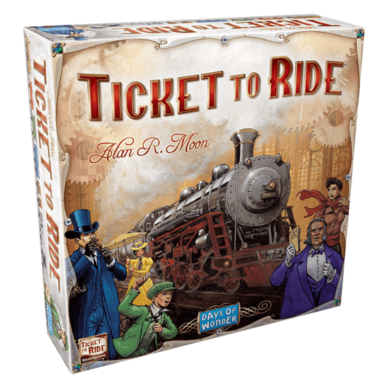 "Ticket to Ride board game box featuring a vintage train and colorful characters."