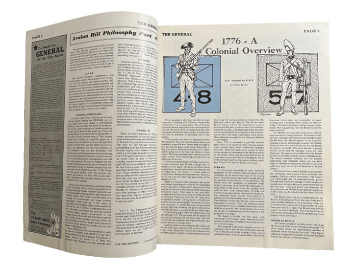 "Open magazine page featuring an article titled '1776: A Colonial Overview' with illustrations of soldiers and game statistics."