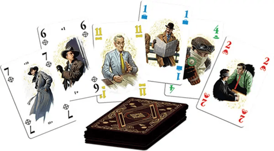 "Vintage playing cards featuring illustrated characters and a decorative deck."