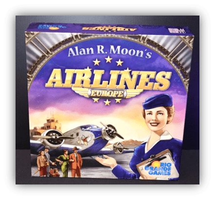 "Airlines Europe board game box featuring Alan R. Moon, vintage airplane, and characters in travel attire."