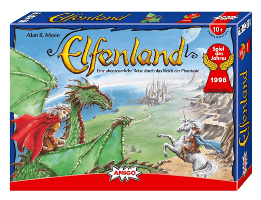 "Elfenland board game box featuring fantasy artwork with dragons and unicorns."