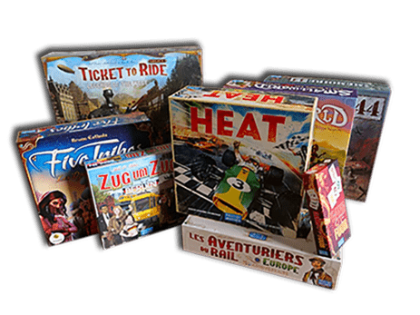"Collection of popular board games including Ticket to Ride, Heat, and Zug um Zug."