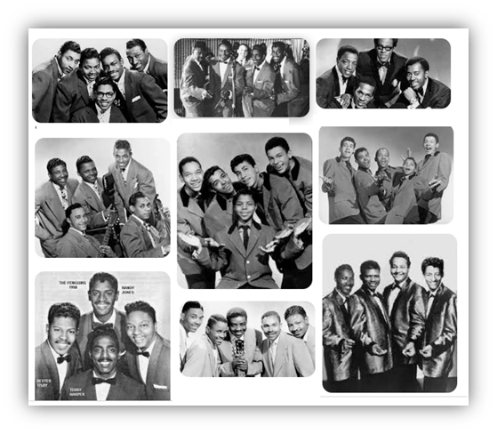Collage of vintage black and white photos featuring iconic male music groups from the 1950s.