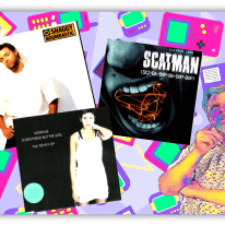 "Collage of iconic music albums including Shaggy's 'Boomastic', Everything But The Girl's 'Missing', and Scatman John's 'Scatman' against a colorful retro gaming background."