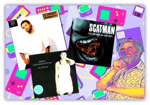 "Collage of iconic music albums including Shaggy's 'Boomastic', Everything But The Girl's 'Missing', and Scatman John's 'Scatman' against a colorful retro gaming background."
