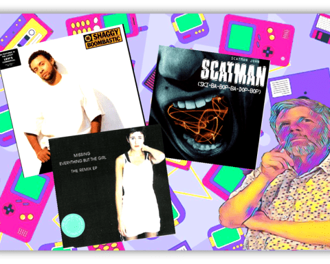 "Collage of iconic music albums including Shaggy's 'Boomastic', Everything But The Girl's 'Missing', and Scatman John's 'Scatman' against a colorful retro gaming background."