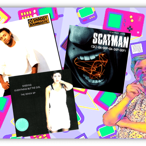 "Collage of iconic music albums including Shaggy's 'Boomastic', Everything But The Girl's 'Missing', and Scatman John's 'Scatman' against a colorful retro gaming background."