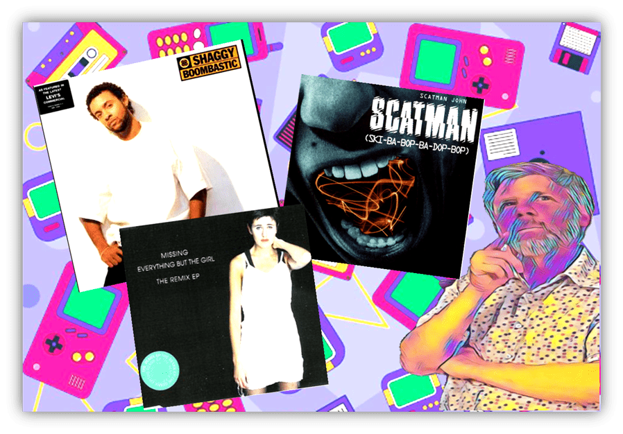 "Collage of iconic music albums including Shaggy's 'Boomastic', Everything But The Girl's 'Missing', and Scatman John's 'Scatman' against a colorful retro gaming background."
