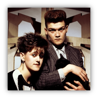 "1980s couple with stylish haircuts posing with a black cat."