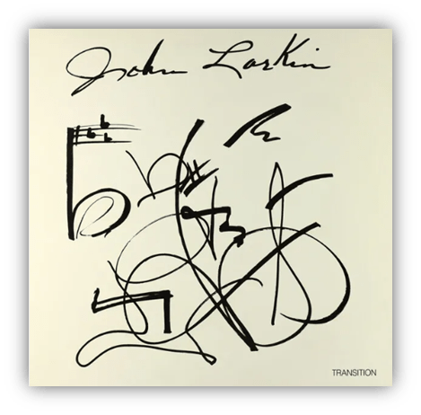 Abstract artwork by John Larkin titled "Transition" featuring dynamic black ink lines on a light background.