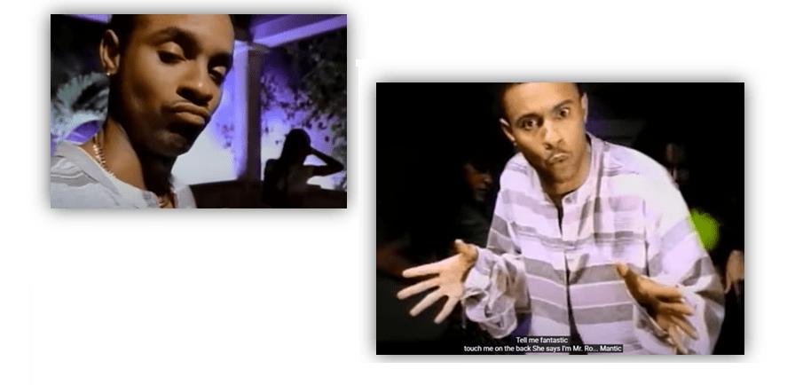 "Two images of a man performing with expressive gestures in a music video setting."