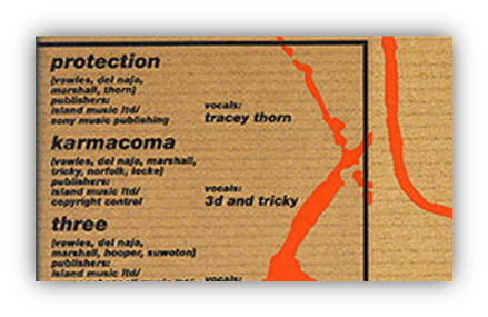"Album credits for 'Protection' featuring Tracey Thorn, 'Karmacoma' with 3D and Tricky, and 'Three' by Massive Attack."