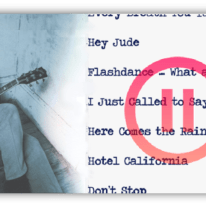 "Musician with guitar beside song lyrics list, featuring classics like 'Hey Jude' and 'Hotel California.'"