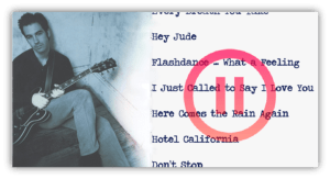 "Musician with guitar beside song lyrics list, featuring classics like 'Hey Jude' and 'Hotel California.'"
