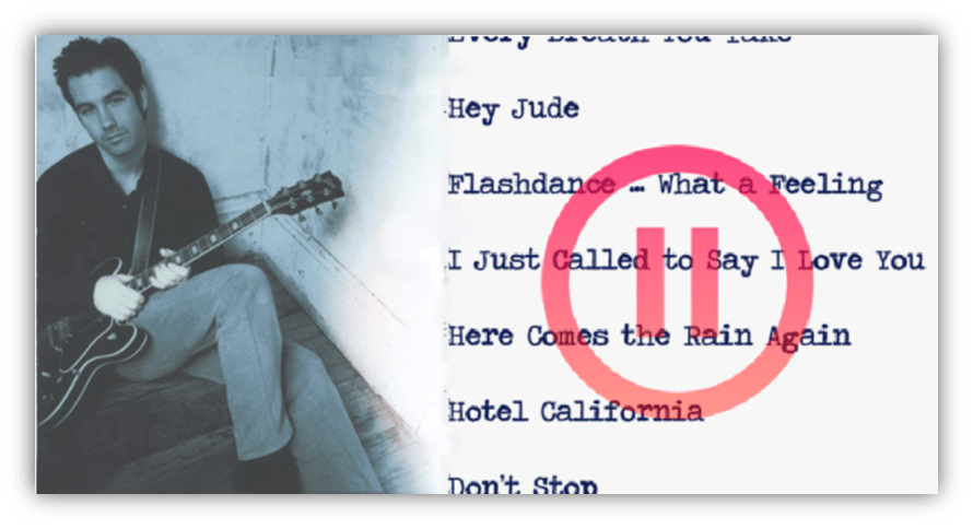 "Musician with guitar beside song lyrics list, featuring classics like 'Hey Jude' and 'Hotel California.'"