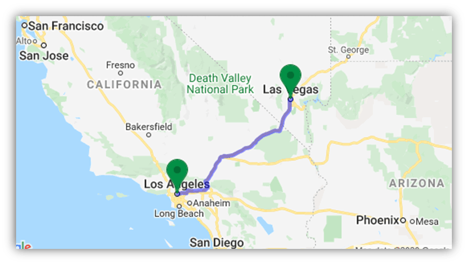 "Map showing route from Los Angeles to Las Vegas with Death Valley National Park highlighted."