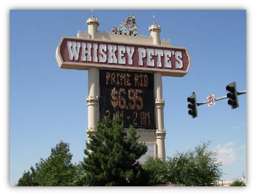 "Whiskey Pete's sign displaying prime rib special for $6.95."