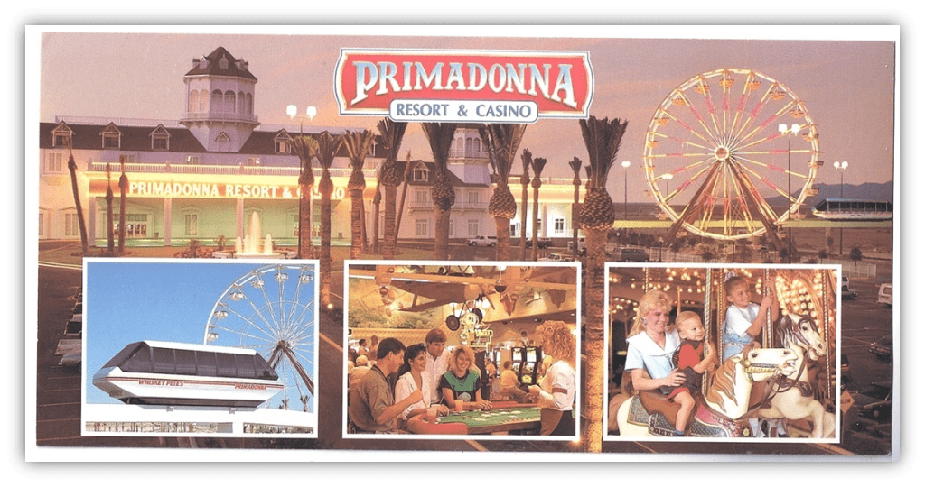"Primadonna Resort & Casino showcasing attractions like a Ferris wheel, gaming tables, and family-friendly rides."