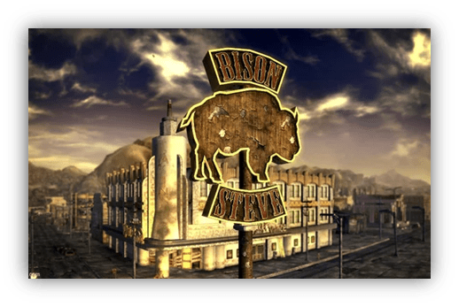 "Bison Steve sign in a deserted town with a dramatic sky."