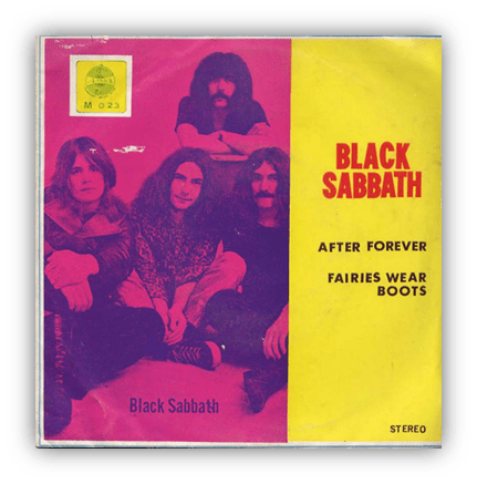 "Black Sabbath vinyl record cover featuring 'After Forever' and 'Fairies Wear Boots' with band members in vibrant colors."