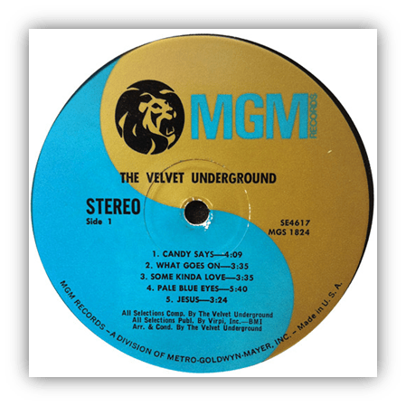 Alt text: "The Velvet Underground album label, MGM Records, featuring song titles and duration."