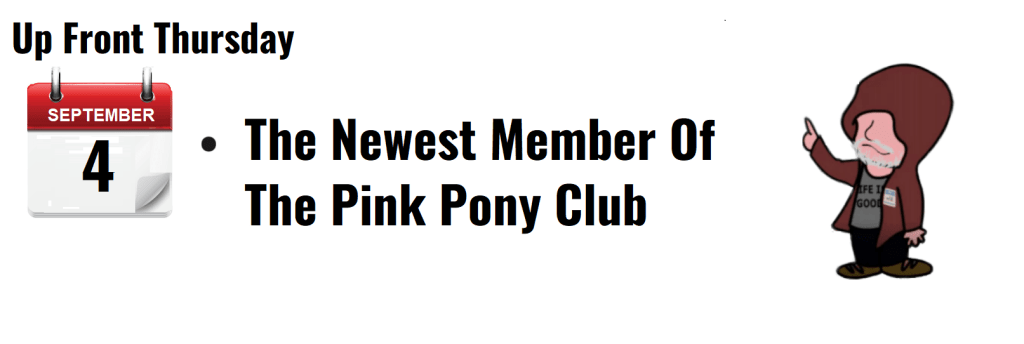 "Graphic featuring a calendar date of September 4, announcing the newest member of the Pink Pony Club."
